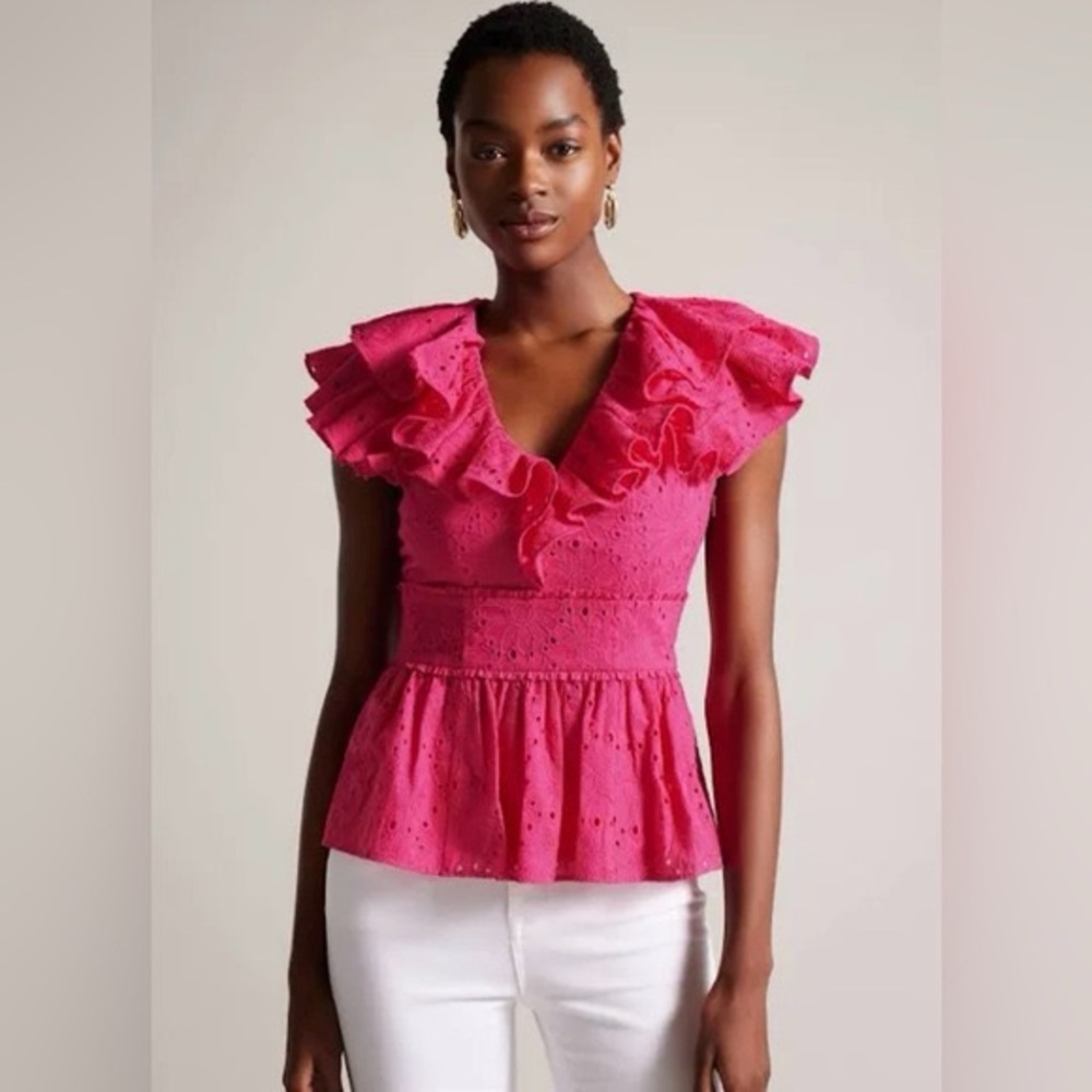 Ted Baker Mazieh Broderie top -SMALL-Pink ruffle sleeves NWT